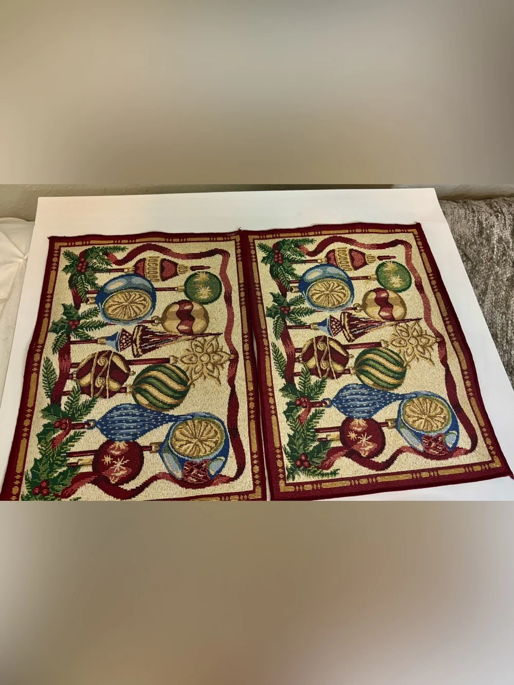 Vintage Christmas placemats ornaments- Red, Gold, Green, Blue